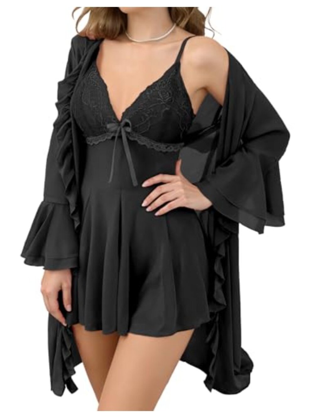 Women's 2-Piece Sheer Mesh Lace Cami Pajama Set with Kimono Robe